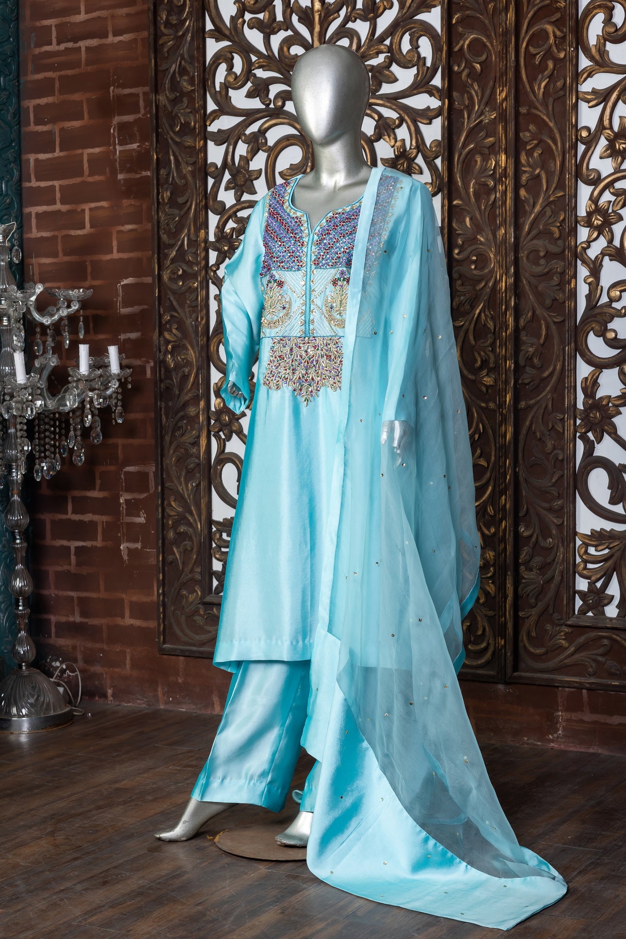 Aqua blue Sheesha silk 3-piece suit with embroidered organza dupatta – festive Pakistani outfit by MariamRaj for Eid and weddings.