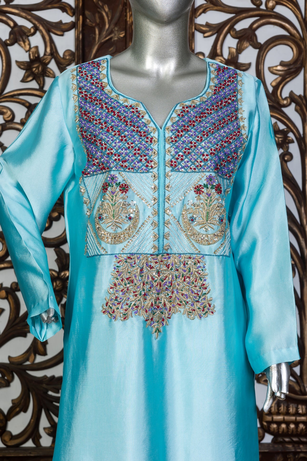 Aqua blue Sheesha silk 3-piece suit with embroidered organza dupatta – festive Pakistani outfit by MariamRaj for Eid and weddings.