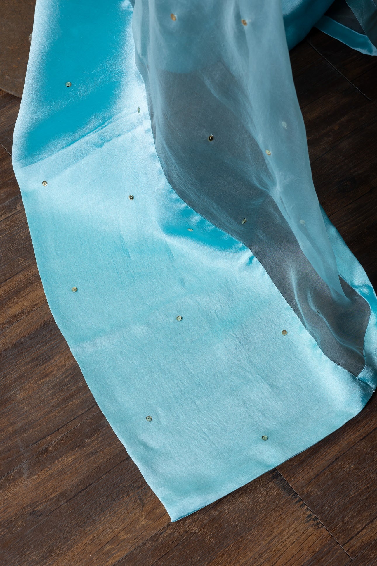 Aqua blue Sheesha silk 3-piece suit with embroidered organza dupatta – festive Pakistani outfit by MariamRaj for Eid and weddings.