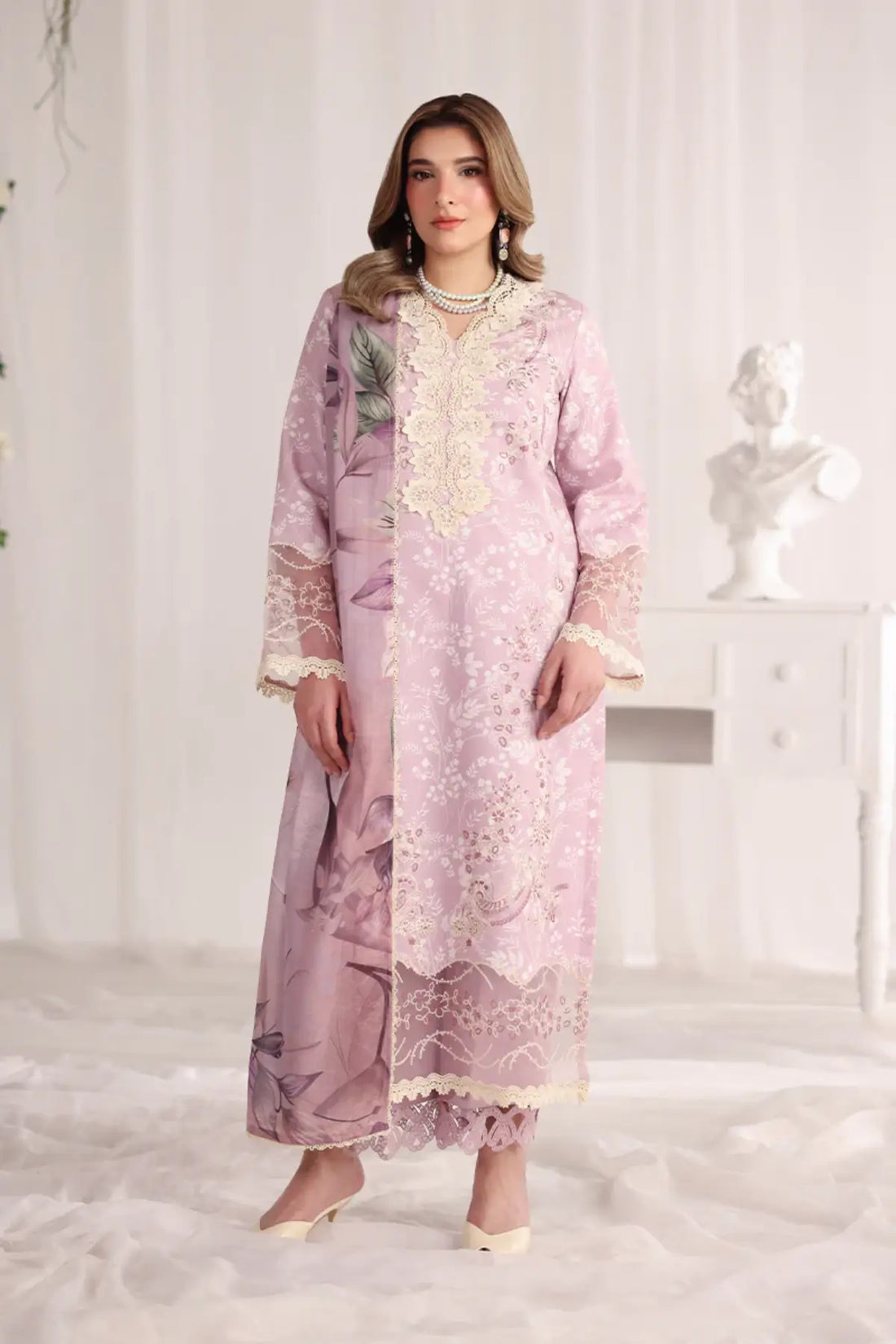 Isabella Rang Rasiya Lavender Pakistani lawn stitched suit with embroidered front, organza borders, textured dupatta and cotton trousers