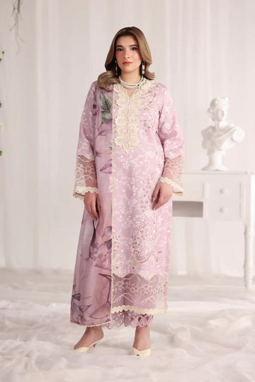 Isabella Rang Rasiya Lavender Pakistani lawn stitched suit with embroidered front, organza borders, textured dupatta and cotton trousers