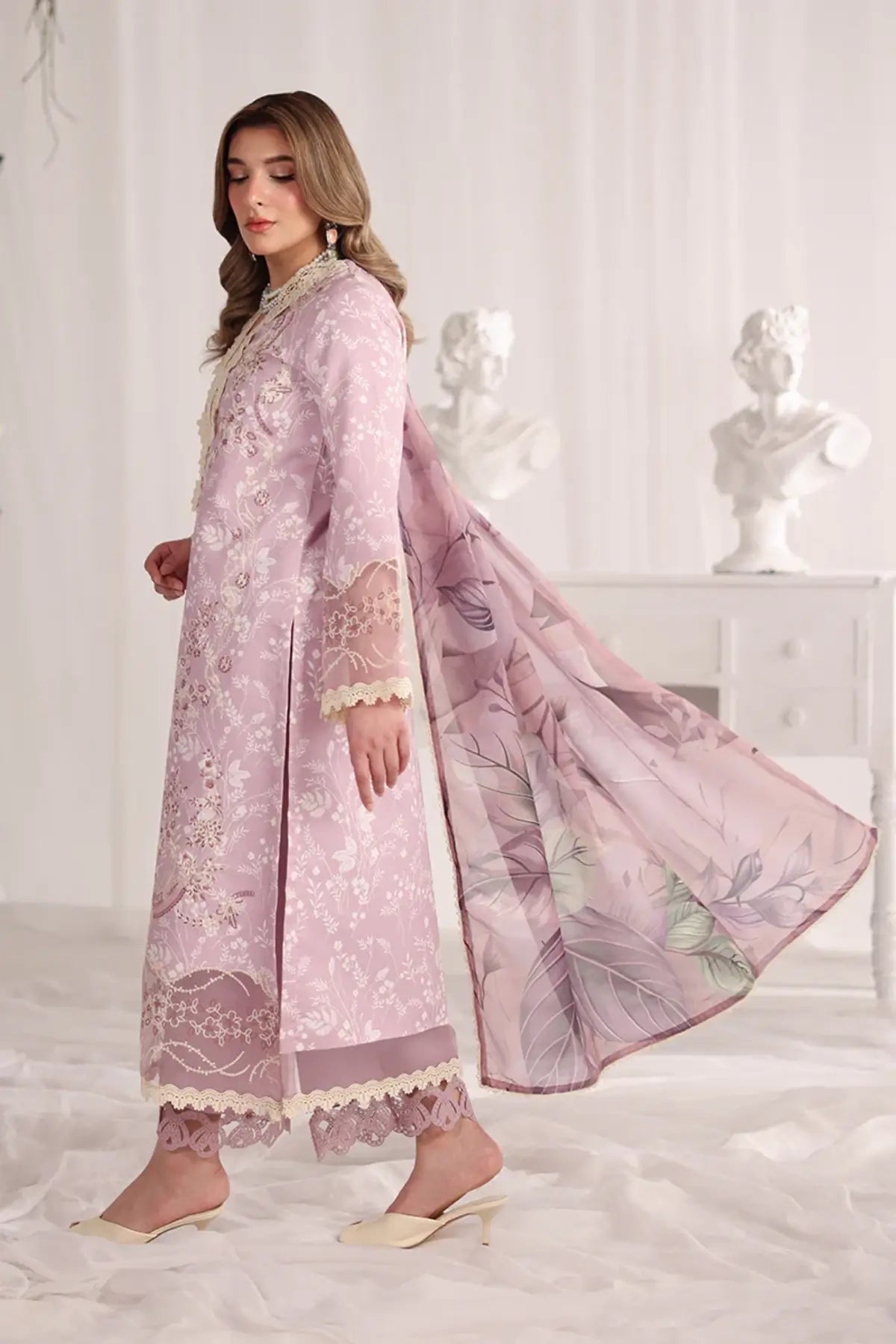 Isabella Rang Rasiya Lavender Pakistani lawn stitched suit with embroidered front, organza borders, textured dupatta and cotton trousers
