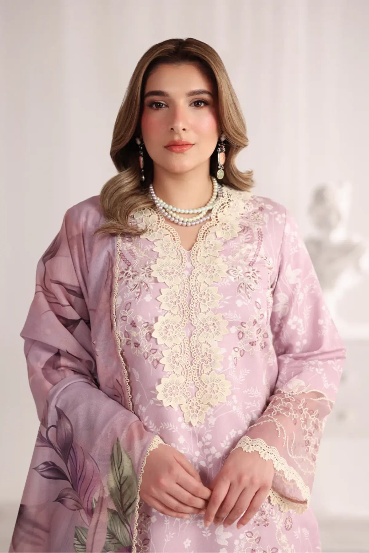 Isabella Rang Rasiya Lavender Pakistani lawn stitched suit with embroidered front, organza borders, textured dupatta and cotton trousers