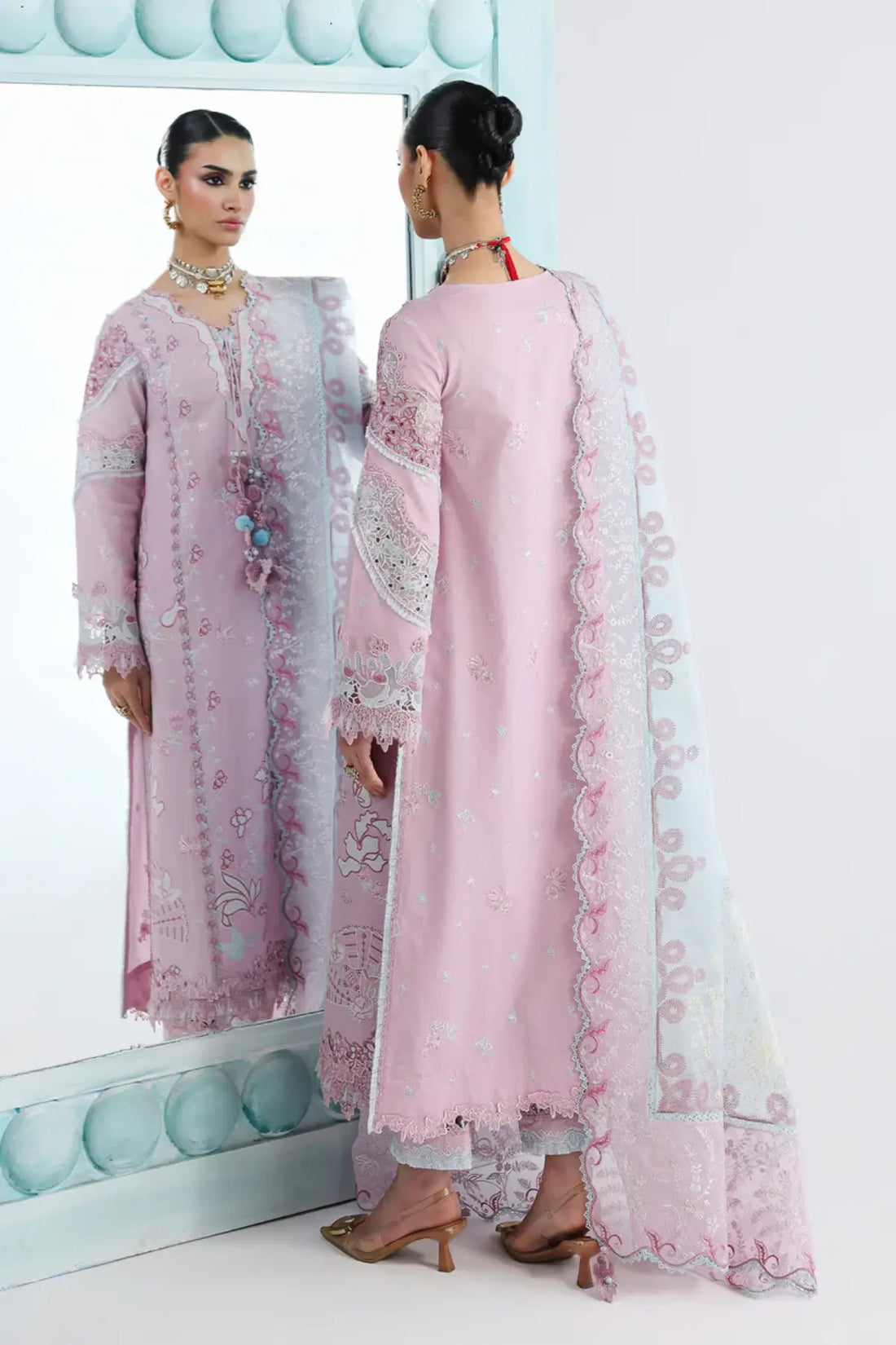 Isane QFL-02 – Pink Stitched Statement Lawn 3PC Suit | Qalamkar