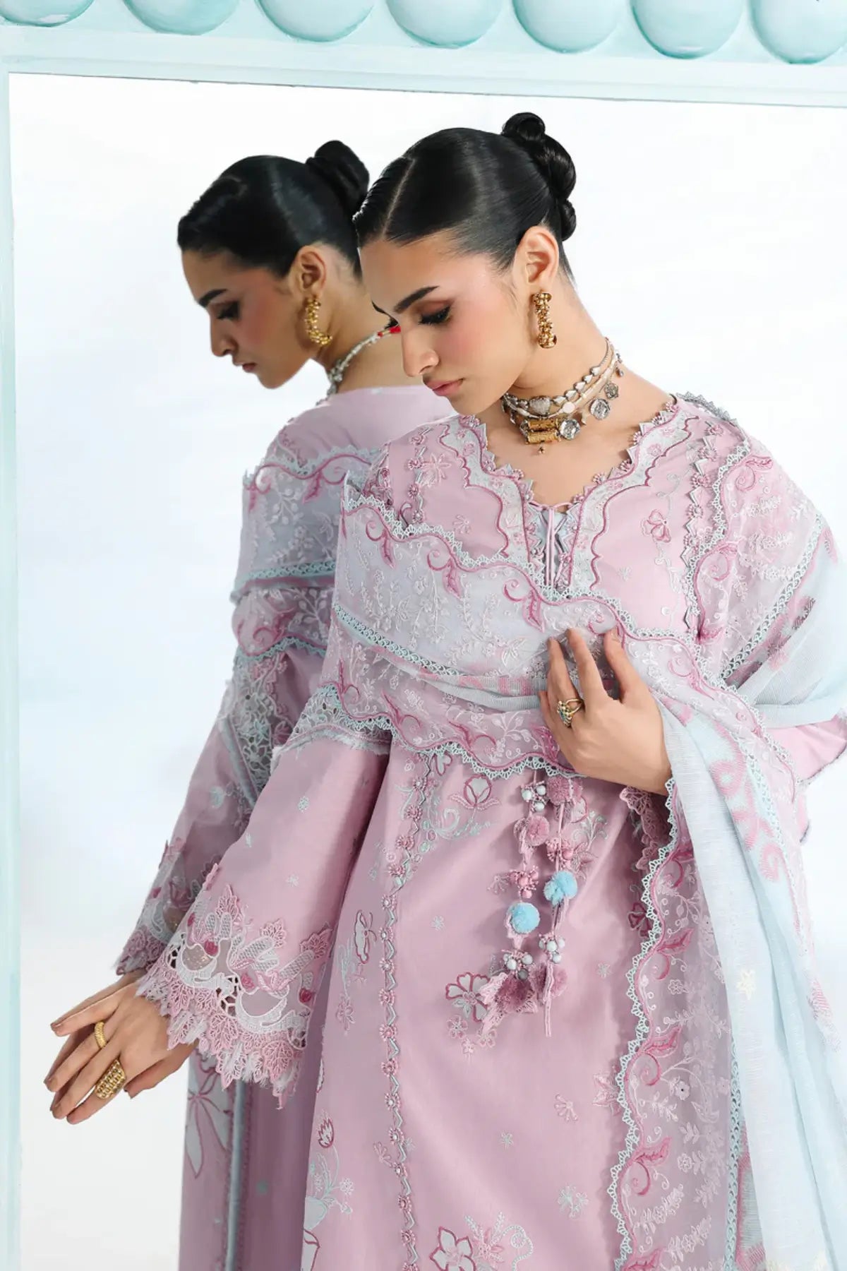 Isane QFL-02 – Pink Stitched Statement Lawn 3PC Suit | Qalamkar