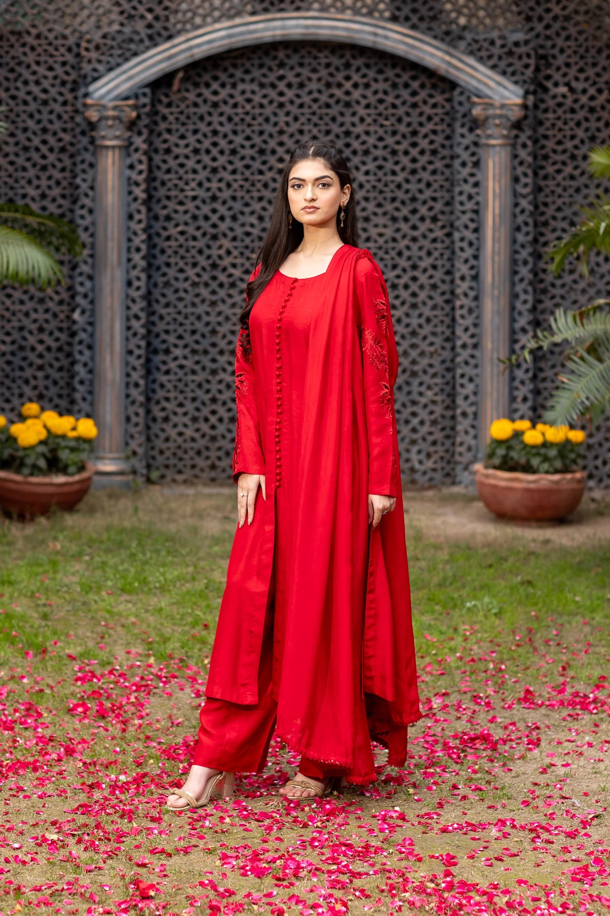 Ishq deep red Korean raw silk 3PC Eid Edit 2026 with cutwork embroidery by MariamRaj