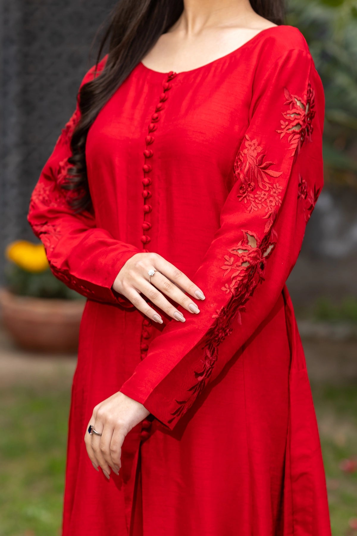 Ishq deep red Korean raw silk 3PC Eid Edit 2026 with cutwork embroidery by MariamRaj