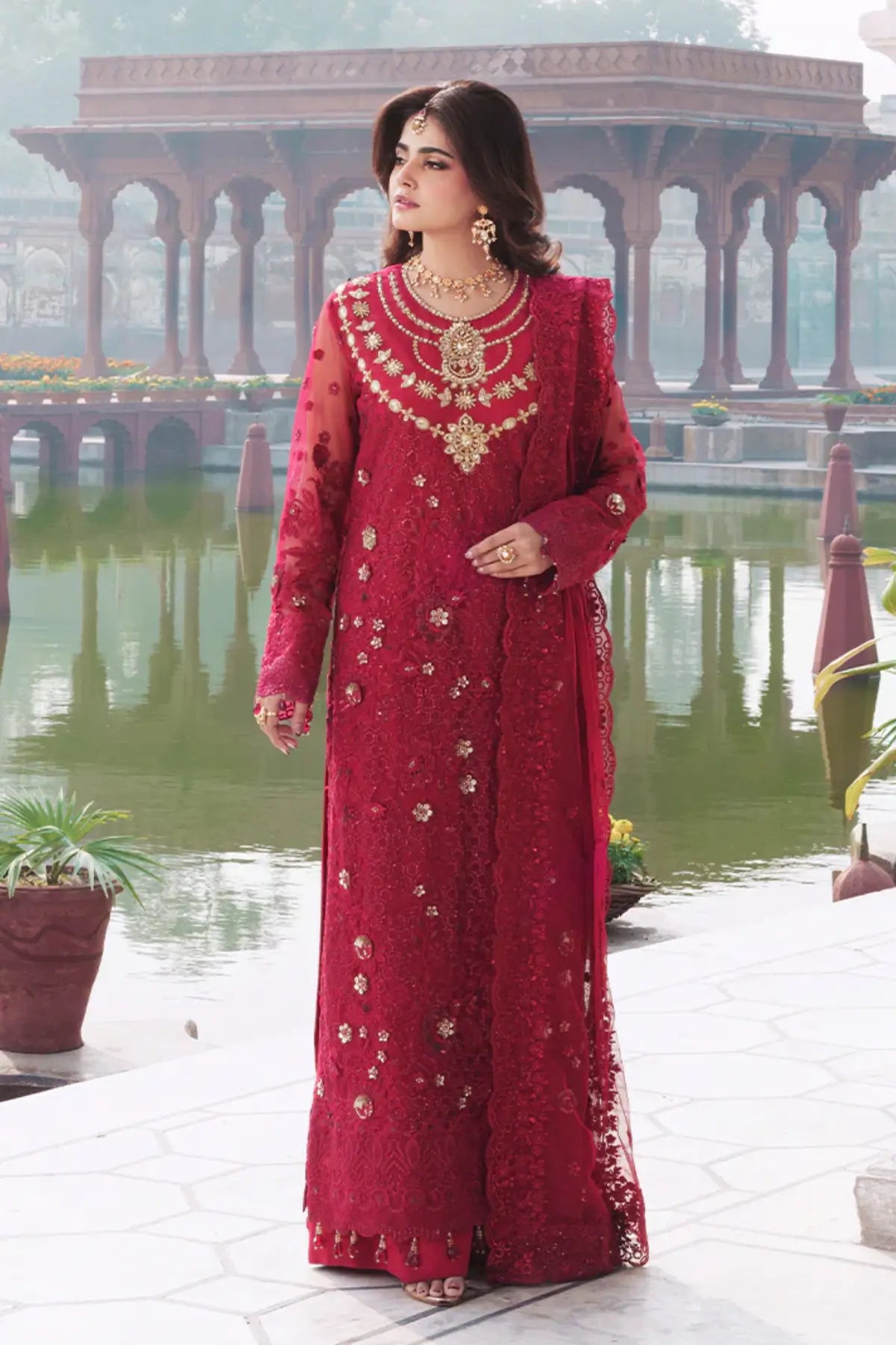 Ishq Imrozia Serene Sajal Vol 02 heavy red stitched party wear dress 3D embroidered net Pakistanimoda.com