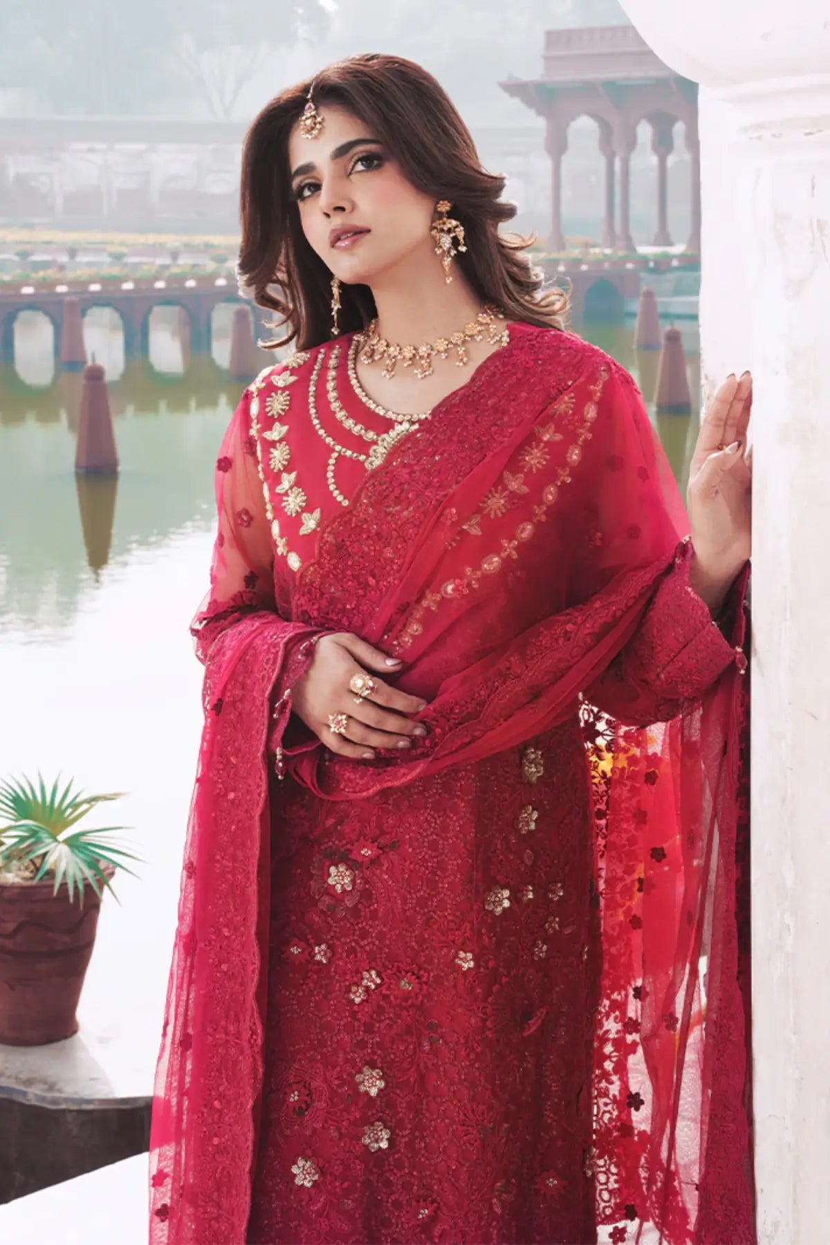 Ishq Imrozia Serene Sajal Vol 02 heavy red stitched party wear dress 3D embroidered net Pakistanimoda.com