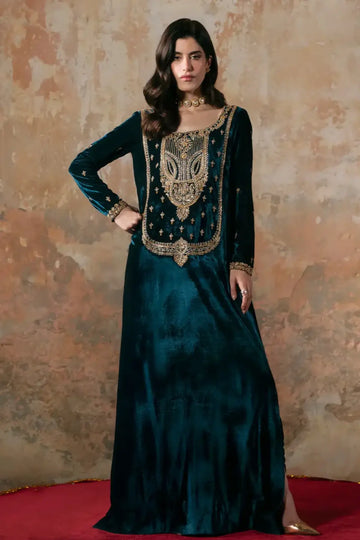 Isla Maya Pret teal blue velvet Eid kaftan hand embellished.