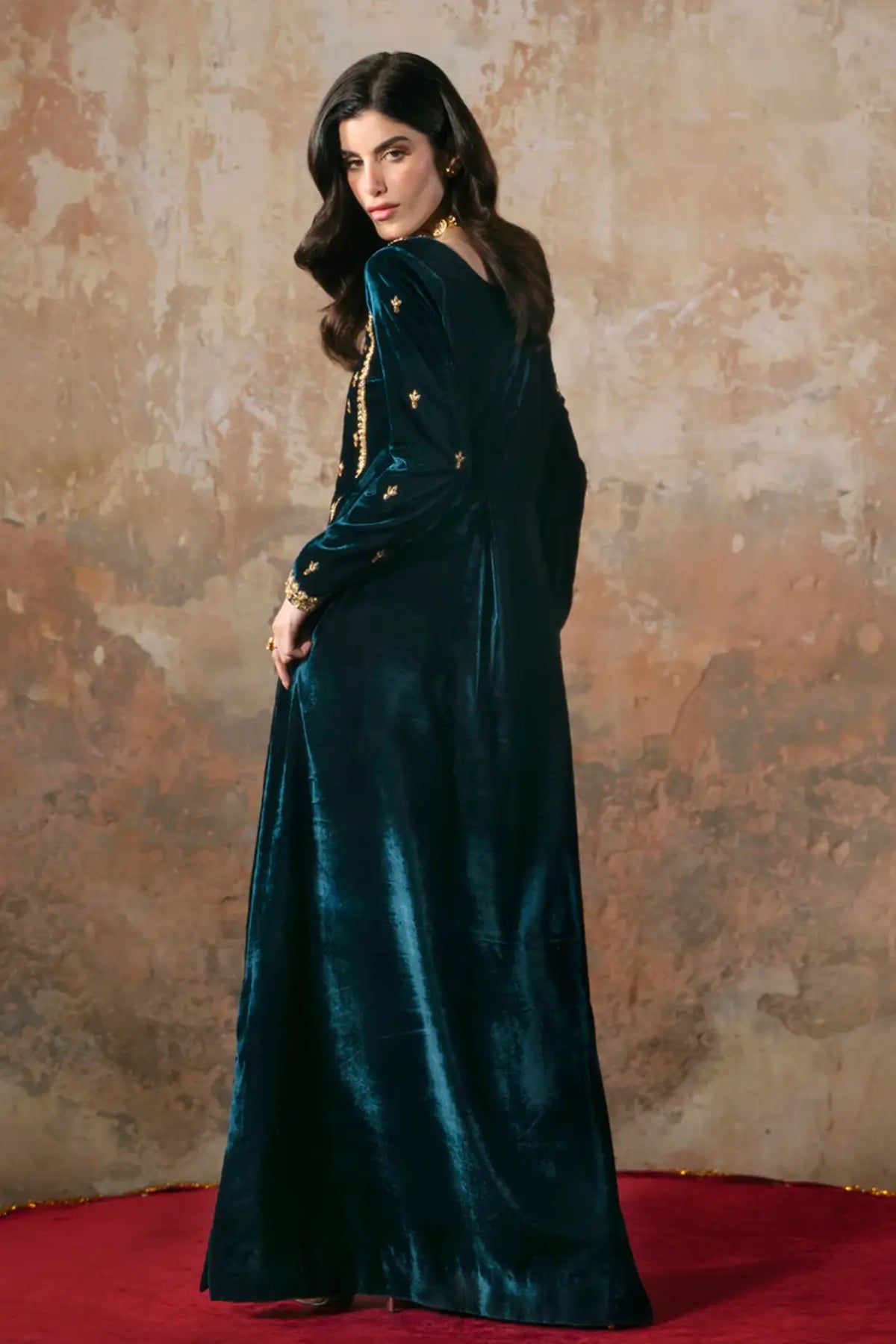 Isla Maya Pret teal blue velvet Eid kaftan hand embellished.