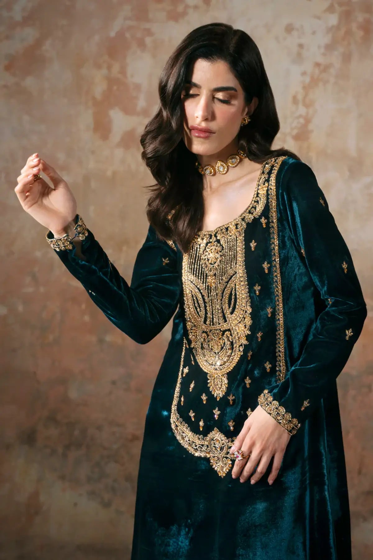 Isla Maya Pret teal blue velvet Eid kaftan hand embellished.