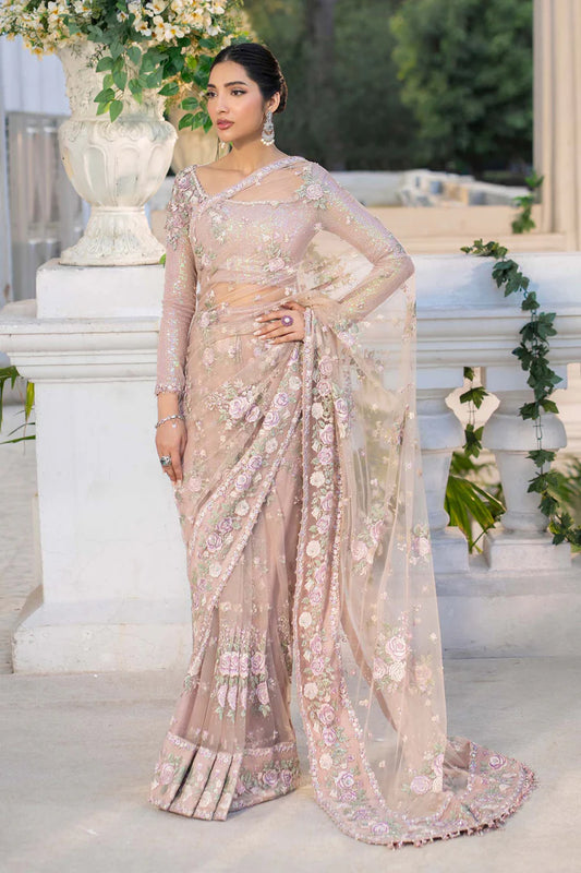 Isla Maria B Royal-Rawa Blush Pink Bridal Saree with 3D floral appliqué & pearls stitched luxury outfit – Pakistanimoda