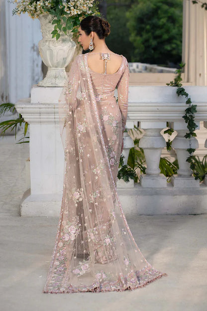 Isla Maria B Royal-Rawa Blush Pink Bridal Saree with 3D floral appliqué & pearls stitched luxury outfit – Pakistanimoda