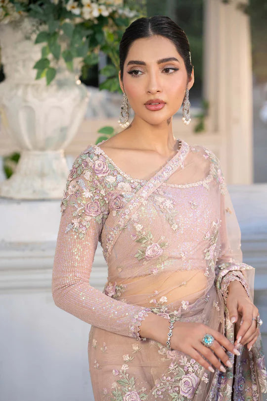 Isla Maria B Royal-Rawa Blush Pink Bridal Saree with 3D floral appliqué & pearls stitched luxury outfit – Pakistanimoda