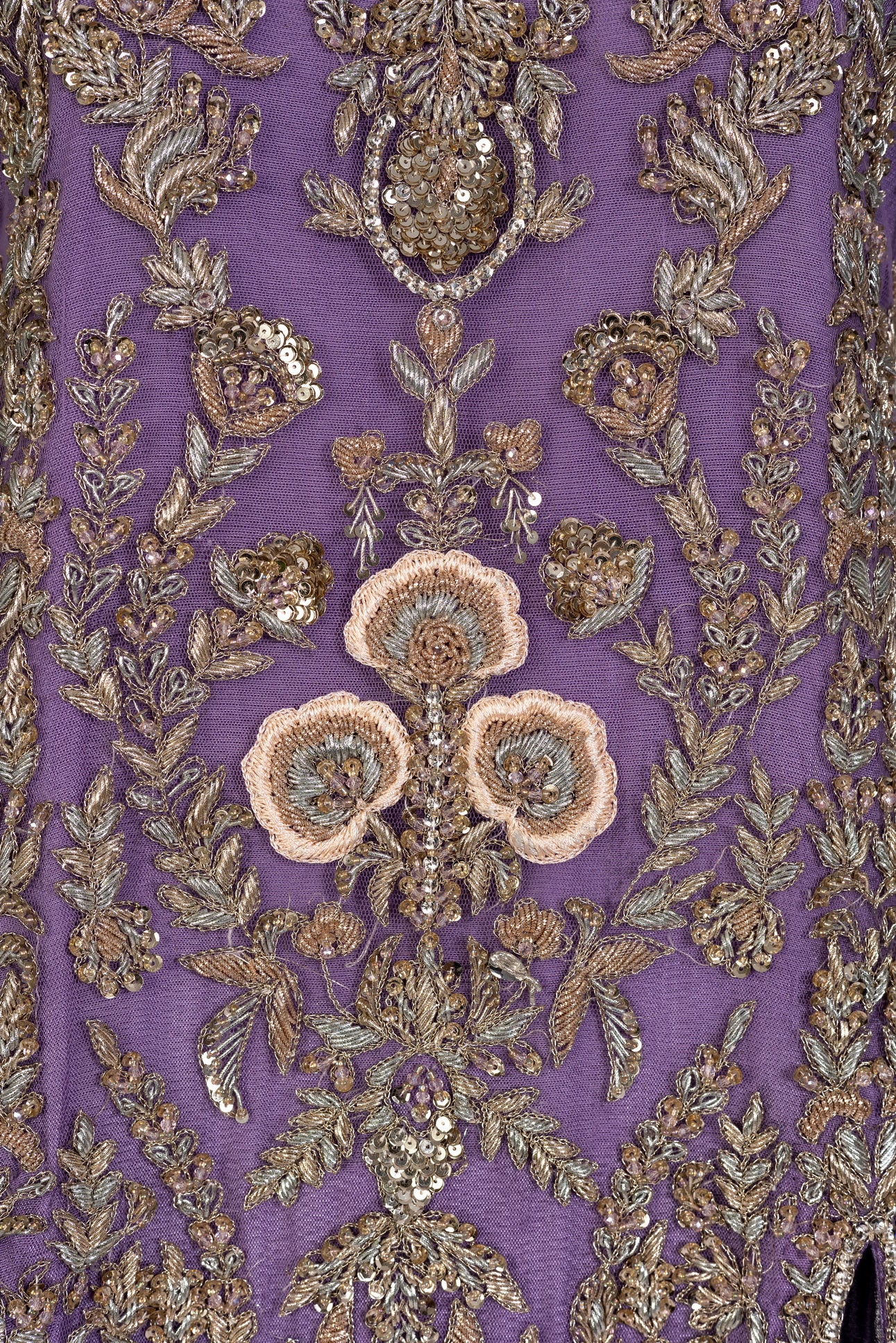 Isleen Lilac Formal Ensemble by MariamRaj: Net shirt with baby pink resham floral embroidery, tissue straight bottom, tissue dupatta, perfect for weddings & mehndi