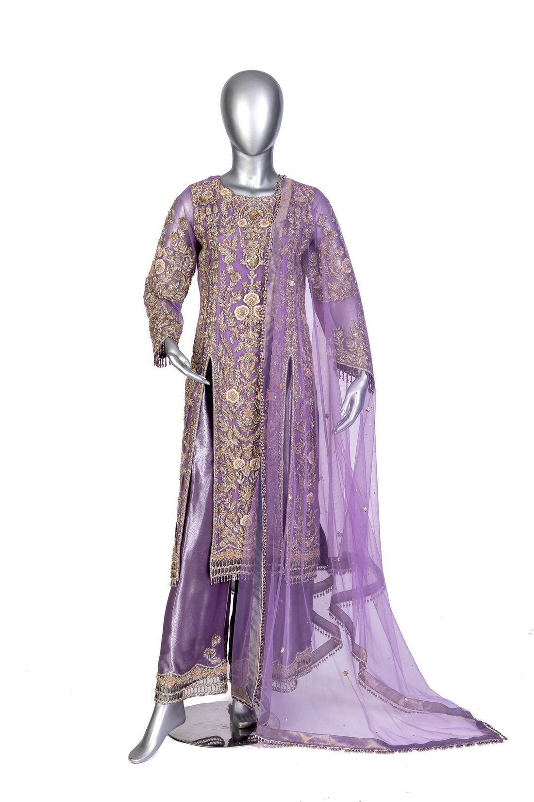Isleen Lilac Formal Ensemble by MariamRaj: Net shirt with baby pink resham floral embroidery, tissue straight bottom, tissue dupatta, perfect for weddings & mehndi