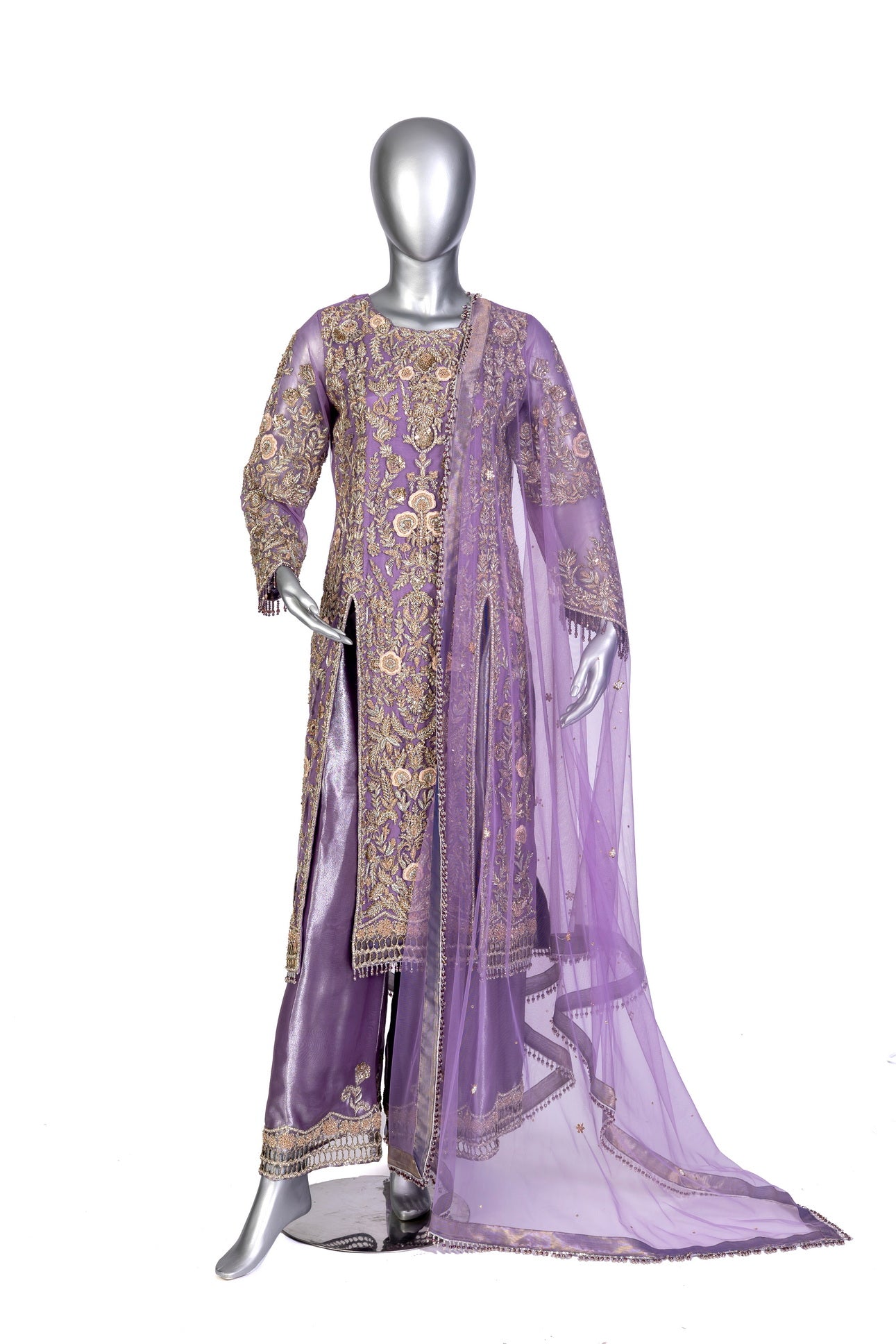 Isleen Lilac Formal Ensemble by MariamRaj: Net shirt with baby pink resham floral embroidery, tissue straight bottom, tissue dupatta, perfect for weddings & mehndi