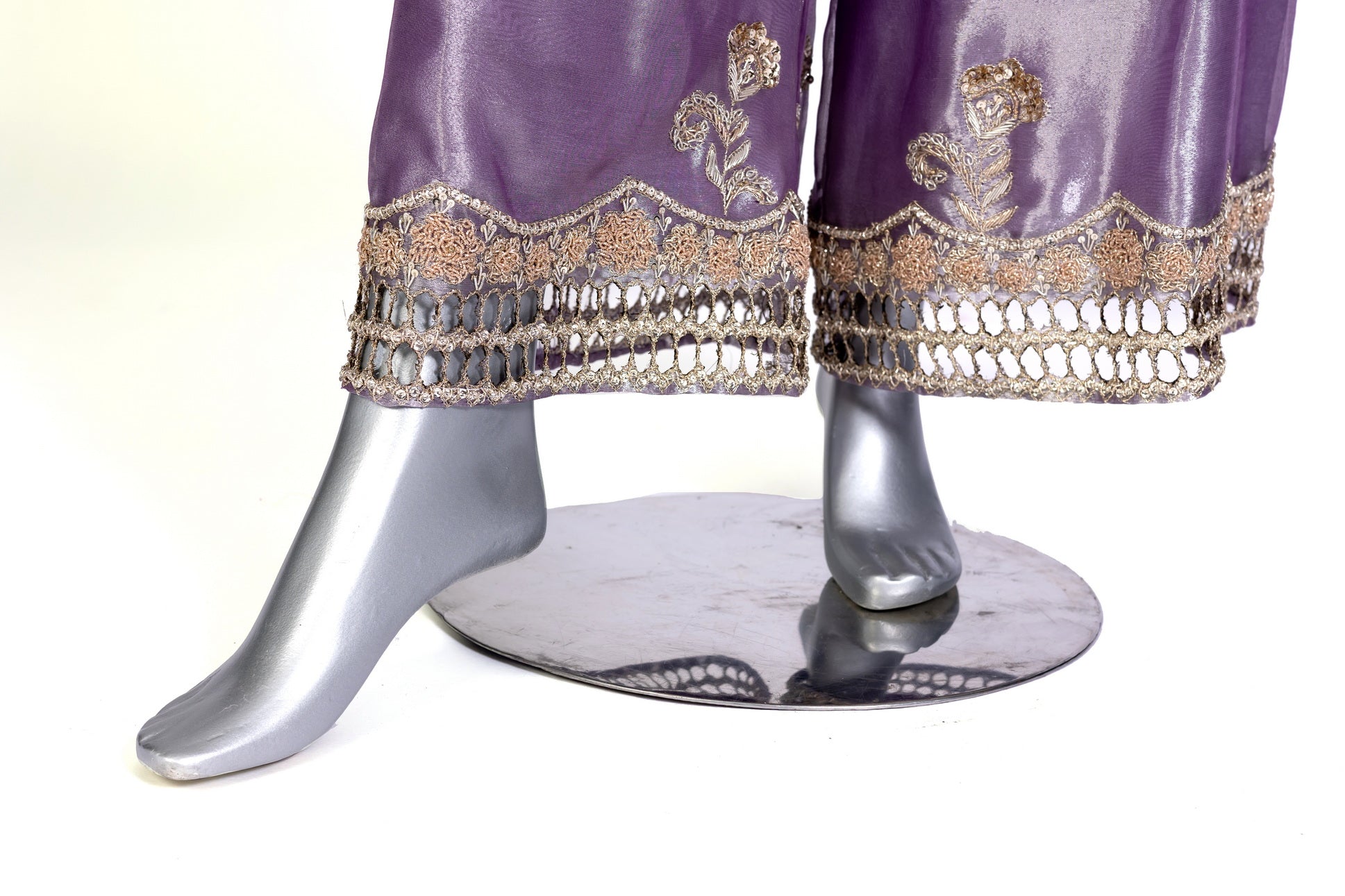 Isleen Lilac Formal Ensemble by MariamRaj: Net shirt with baby pink resham floral embroidery, tissue straight bottom, tissue dupatta, perfect for weddings & mehndi