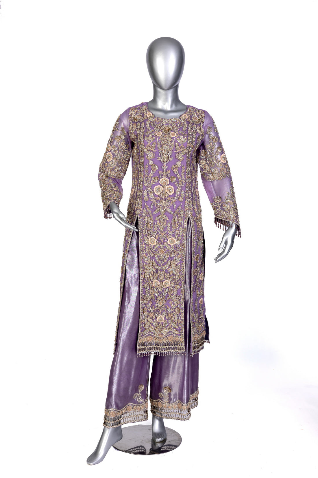 Isleen Lilac Formal Ensemble by MariamRaj: Net shirt with baby pink resham floral embroidery, tissue straight bottom, tissue dupatta, perfect for weddings & mehndi