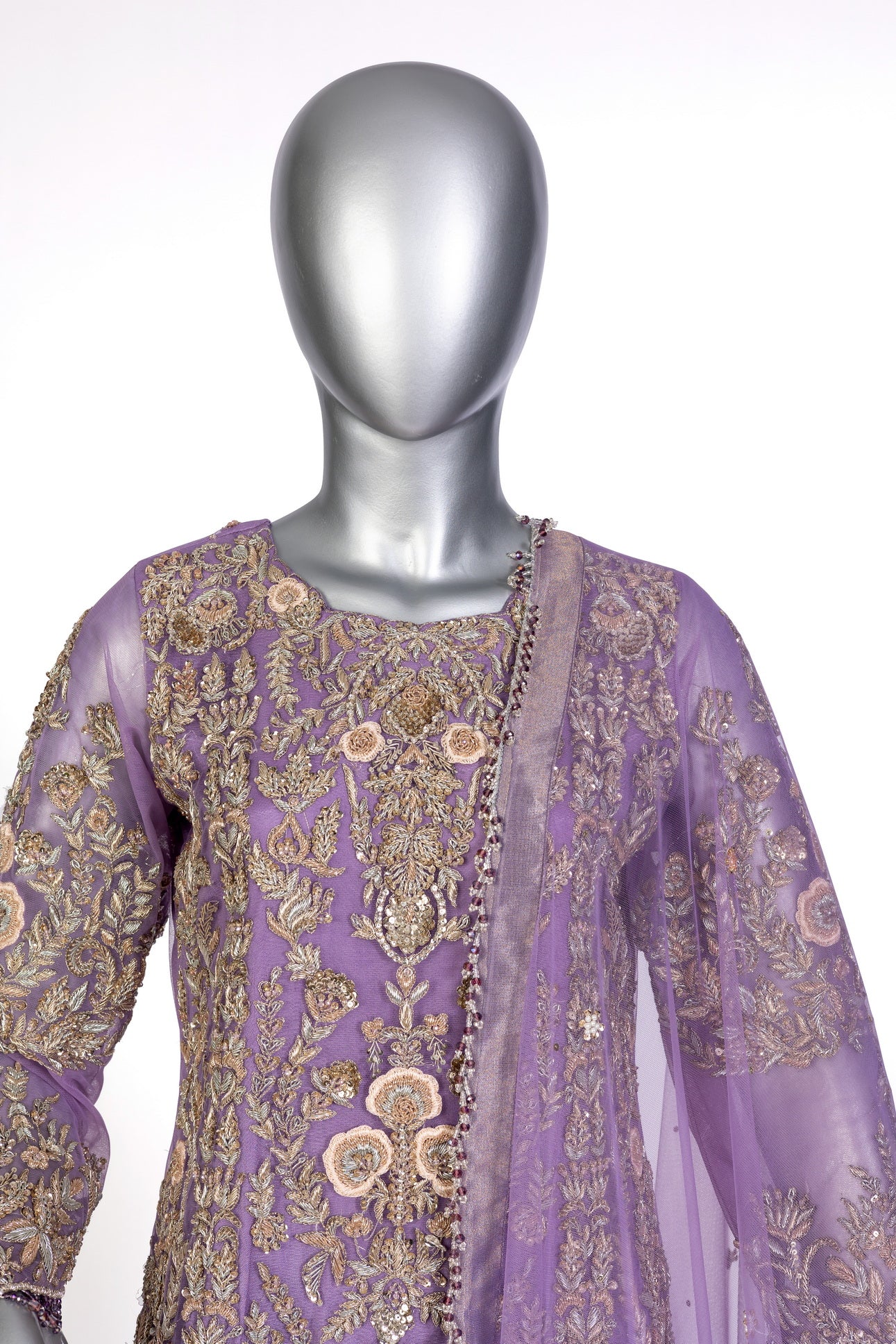 Isleen Lilac Formal Ensemble by MariamRaj: Net shirt with baby pink resham floral embroidery, tissue straight bottom, tissue dupatta, perfect for weddings & mehndi