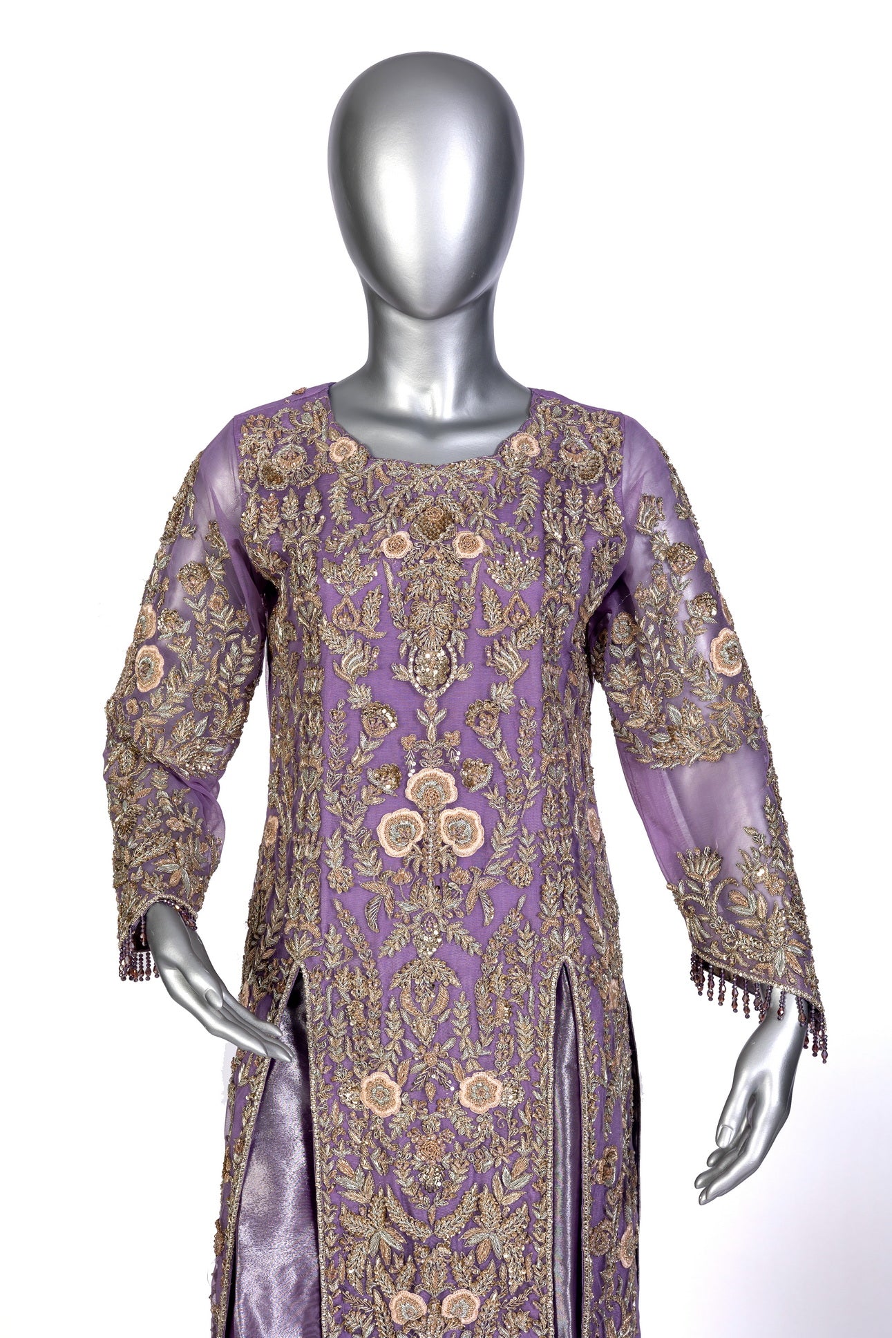 Isleen Lilac Formal Ensemble by MariamRaj: Net shirt with baby pink resham floral embroidery, tissue straight bottom, tissue dupatta, perfect for weddings & mehndi