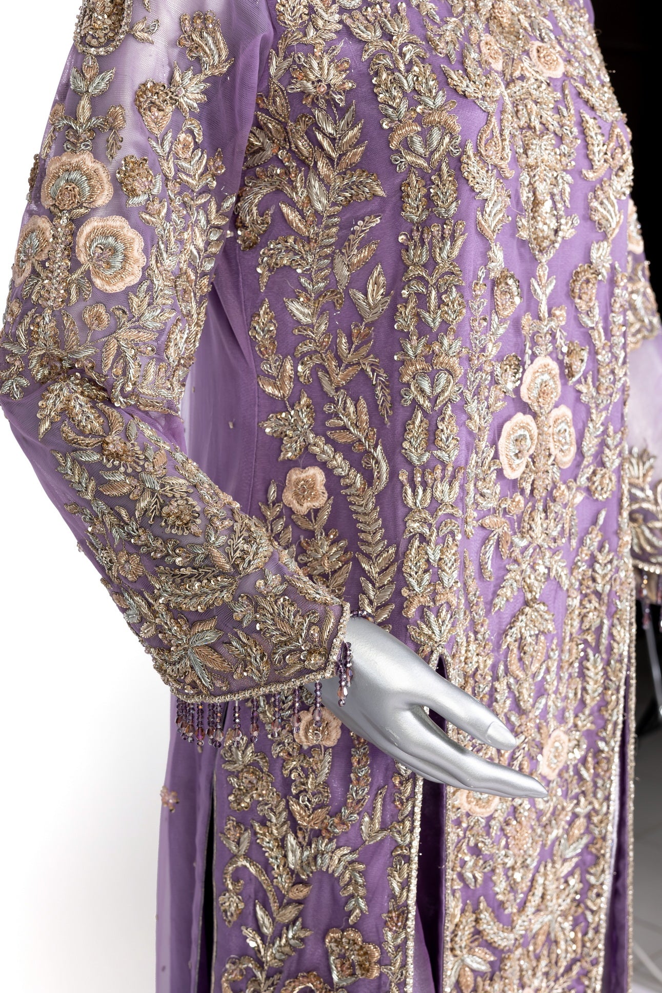 Isleen Lilac Formal Ensemble by MariamRaj: Net shirt with baby pink resham floral embroidery, tissue straight bottom, tissue dupatta, perfect for weddings & mehndi