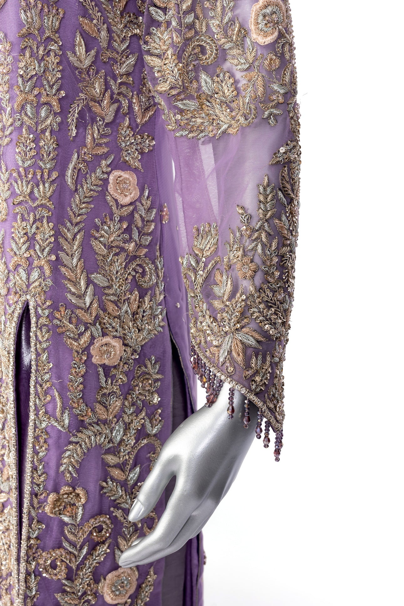 Isleen Lilac Formal Ensemble by MariamRaj: Net shirt with baby pink resham floral embroidery, tissue straight bottom, tissue dupatta, perfect for weddings & mehndi