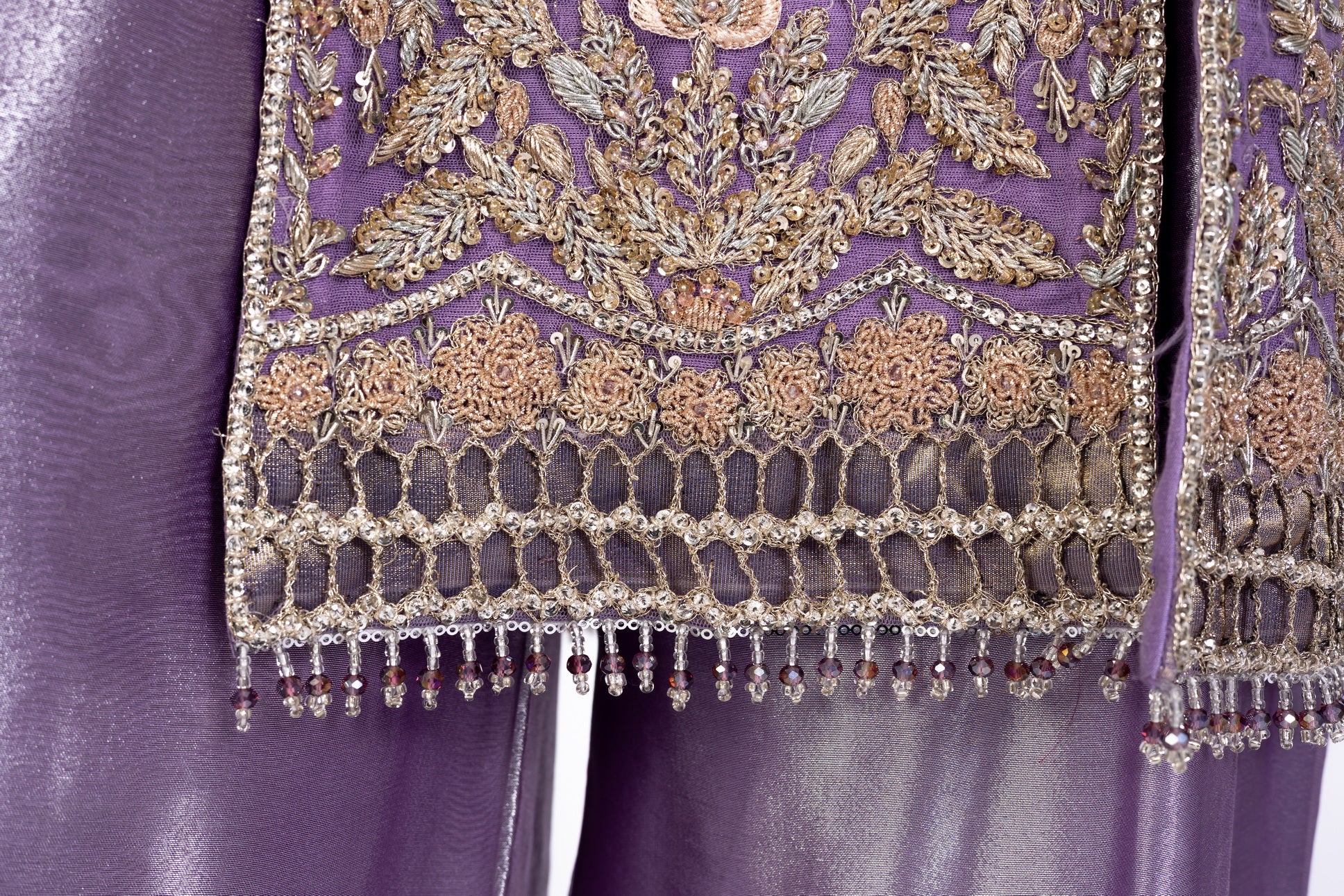 Isleen Lilac Formal Ensemble by MariamRaj: Net shirt with baby pink resham floral embroidery, tissue straight bottom, tissue dupatta, perfect for weddings & mehndi