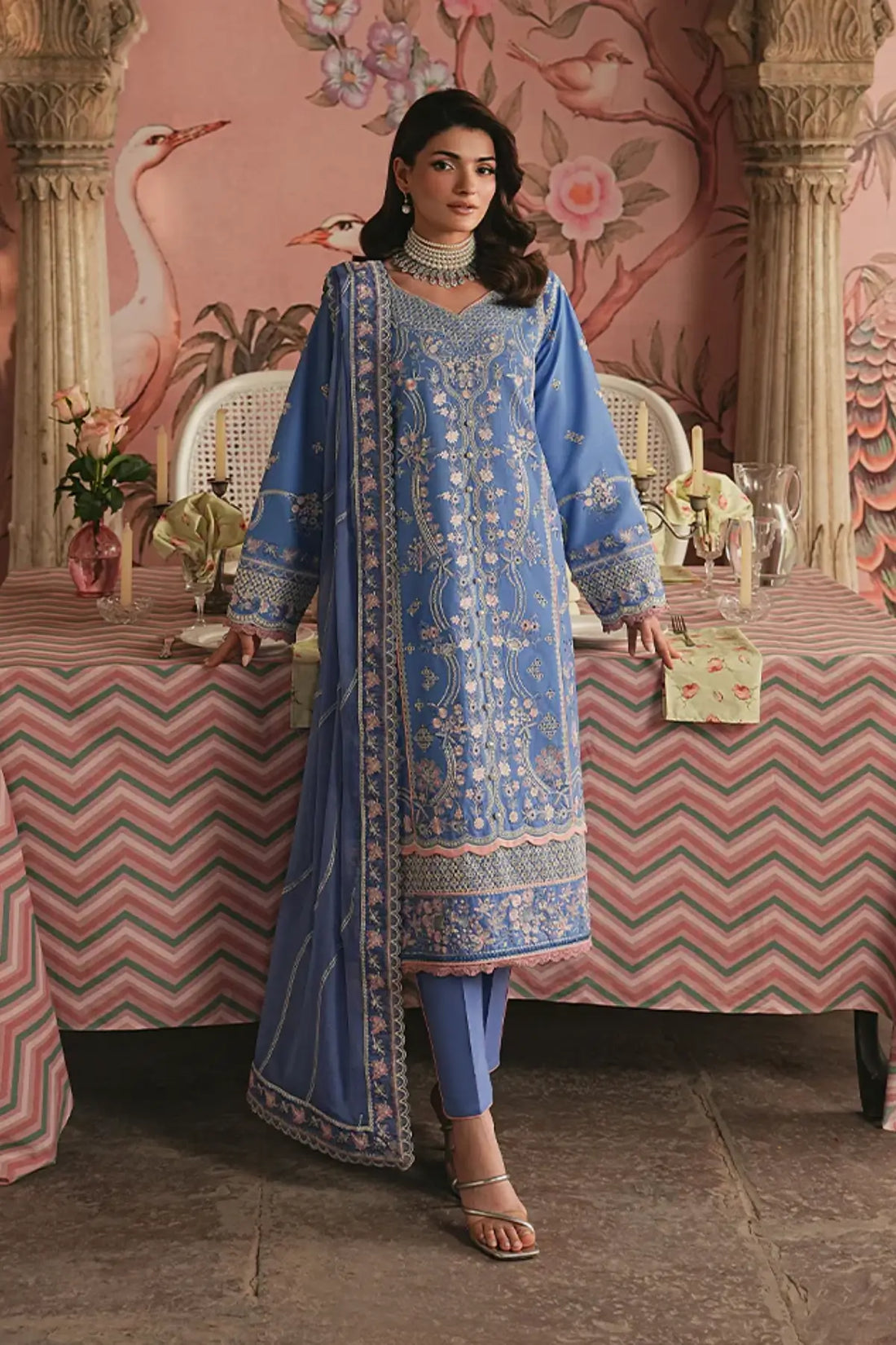 Ismer by Gulaal Maisone blue chikankari sequined luxury lawn stitched 3 piece suit with embroidered chiffon dupatta