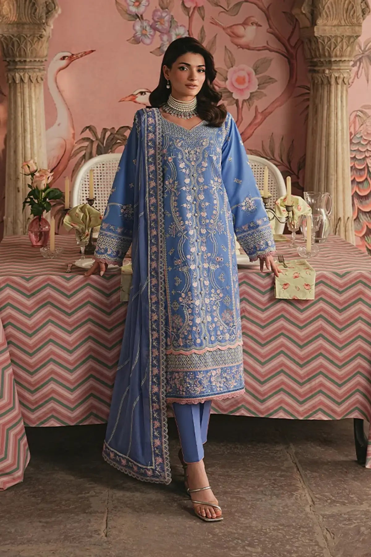 Ismer by Gulaal Maisone blue chikankari sequined luxury lawn stitched 3 piece suit with embroidered chiffon dupatta