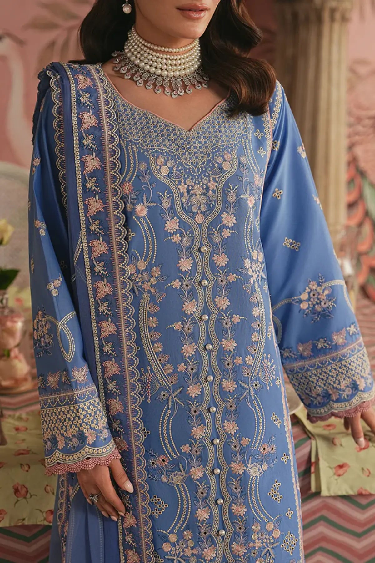 Ismer by Gulaal Maisone blue chikankari sequined luxury lawn stitched 3 piece suit with embroidered chiffon dupatta