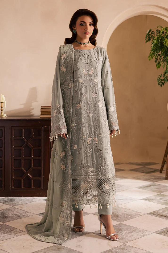 Soft grey Pakistani chiffon suit with embroidered dupatta, organza borders, and raw silk pants – ideal for wedding guests in USA, UK, and Canada.
