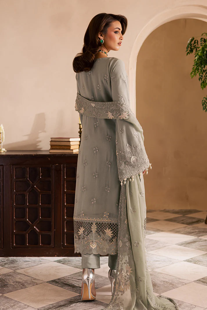 Soft grey Pakistani chiffon suit with embroidered dupatta, organza borders, and raw silk pants – ideal for wedding guests in USA, UK, and Canada.