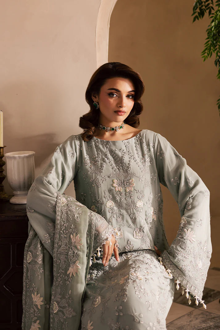 Soft grey Pakistani chiffon suit with embroidered dupatta, organza borders, and raw silk pants – ideal for wedding guests in USA, UK, and Canada.