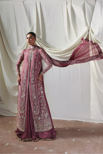 Isolde Soraya Festive Mauve Stitched Long Silhouette Suit with embroidered organza shirt, crushed gown and dupatta, available at Pakistanimoda.