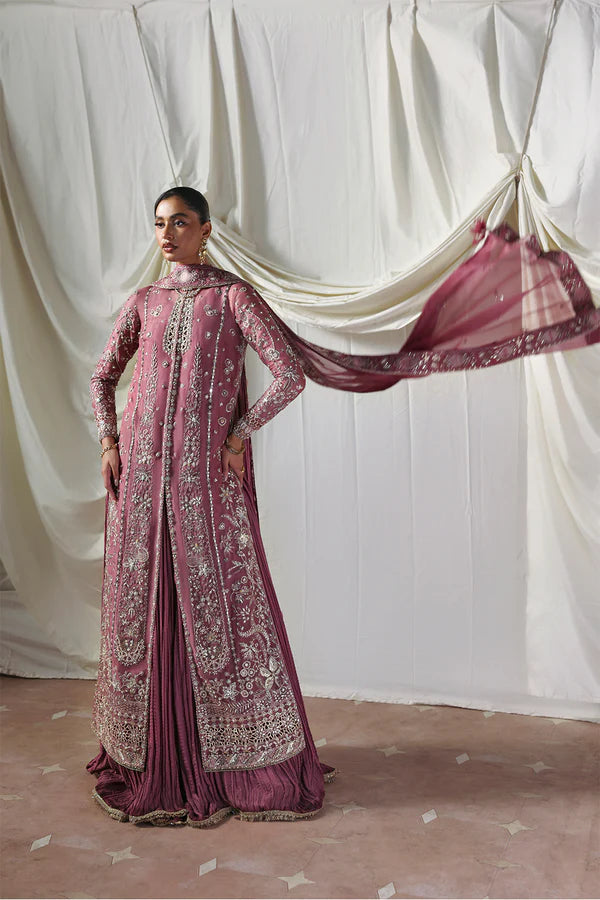 Isolde Soraya Festive Mauve Stitched Long Silhouette Suit with embroidered organza shirt, crushed gown and dupatta, available at Pakistanimoda.