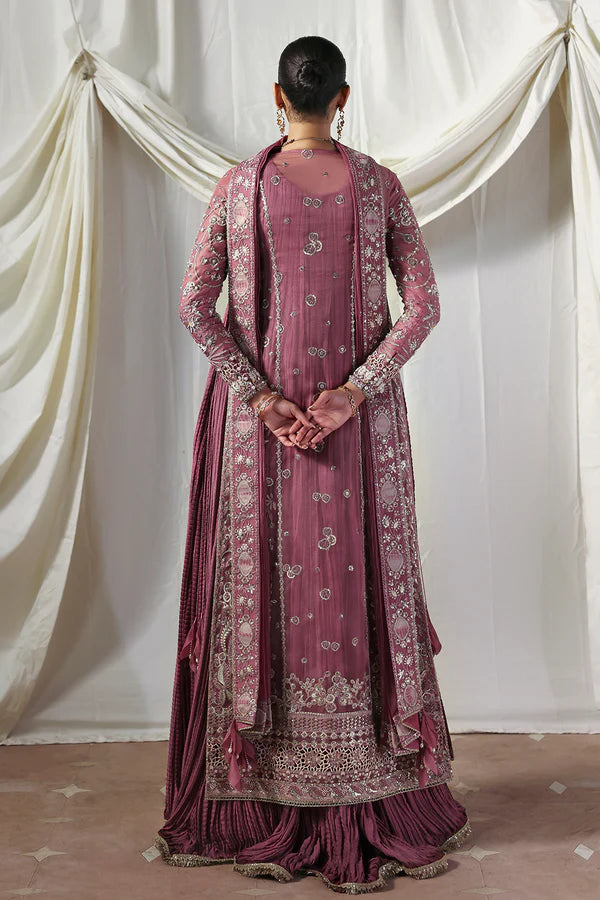 Isolde Soraya Festive Mauve Stitched Long Silhouette Suit with embroidered organza shirt, crushed gown and dupatta, available at Pakistanimoda.