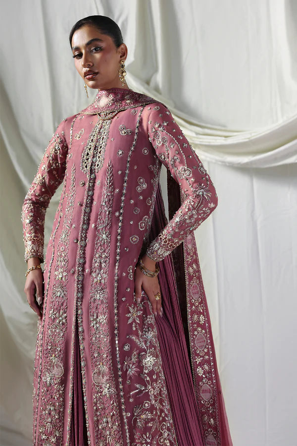 Isolde Soraya Festive Mauve Stitched Long Silhouette Suit with embroidered organza shirt, crushed gown and dupatta, available at Pakistanimoda.