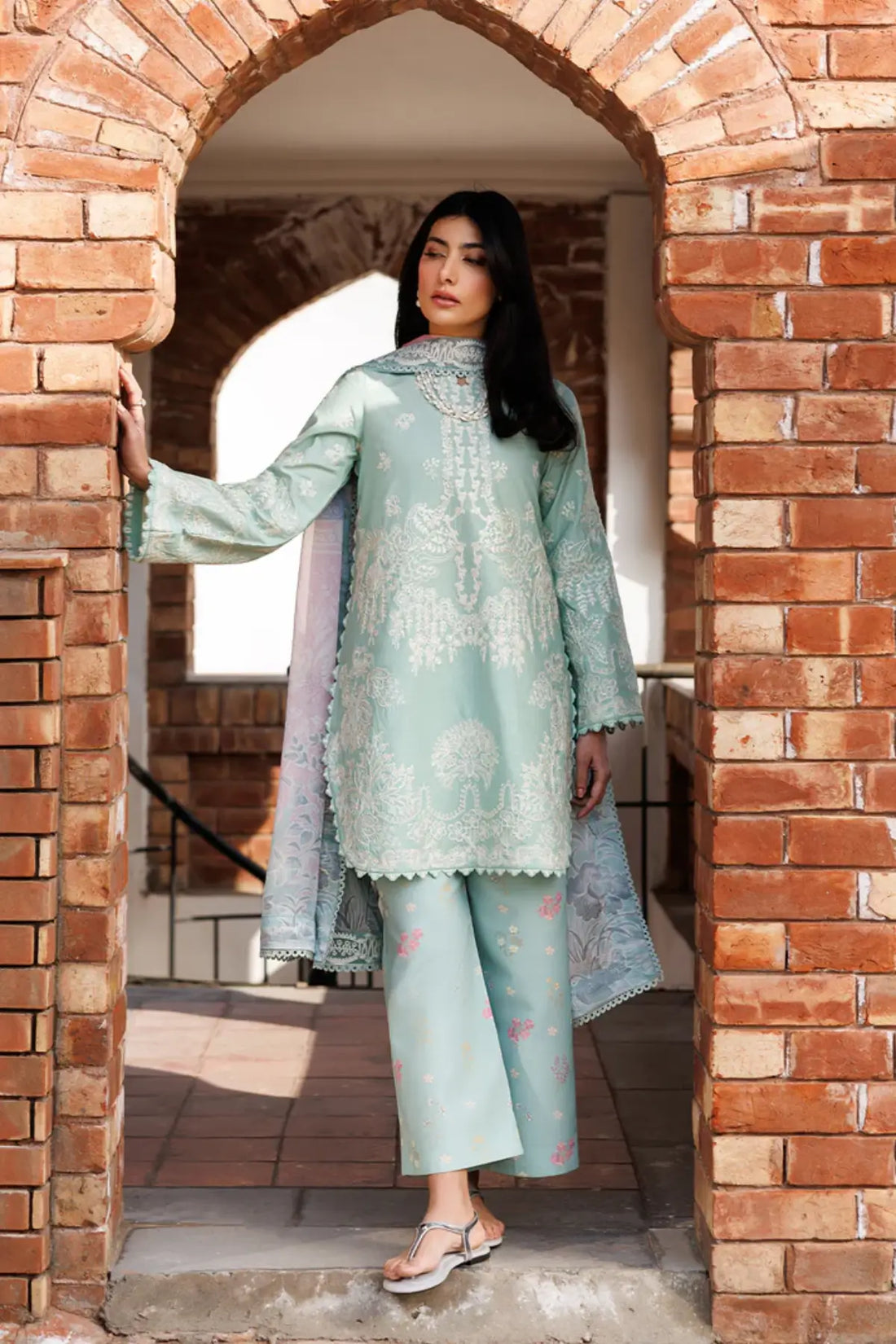 Isolde Emaan Adeel aqua embroidered lawn stitched 3PC suit with digital printed silk dupatta