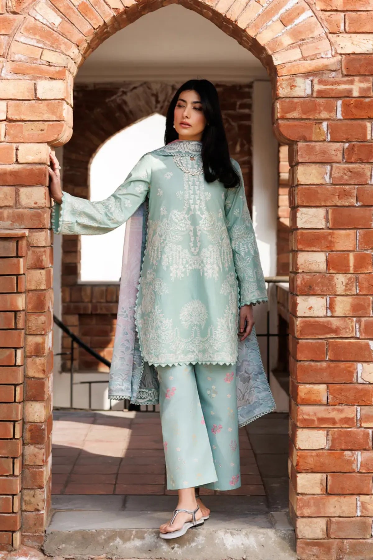Isolde Emaan Adeel aqua embroidered lawn stitched 3PC suit with digital printed silk dupatta