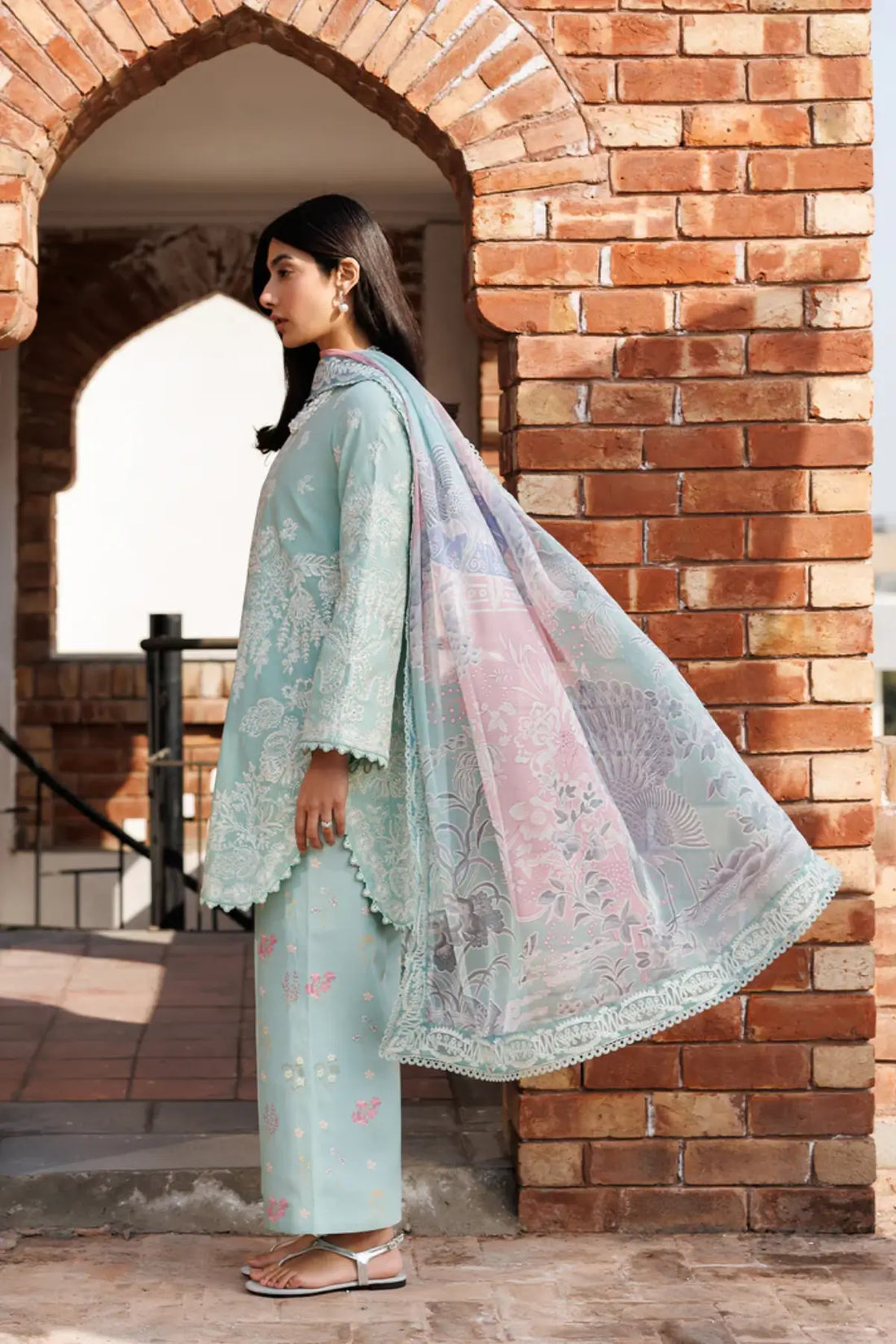 Isolde Emaan Adeel aqua embroidered lawn stitched 3PC suit with digital printed silk dupatta