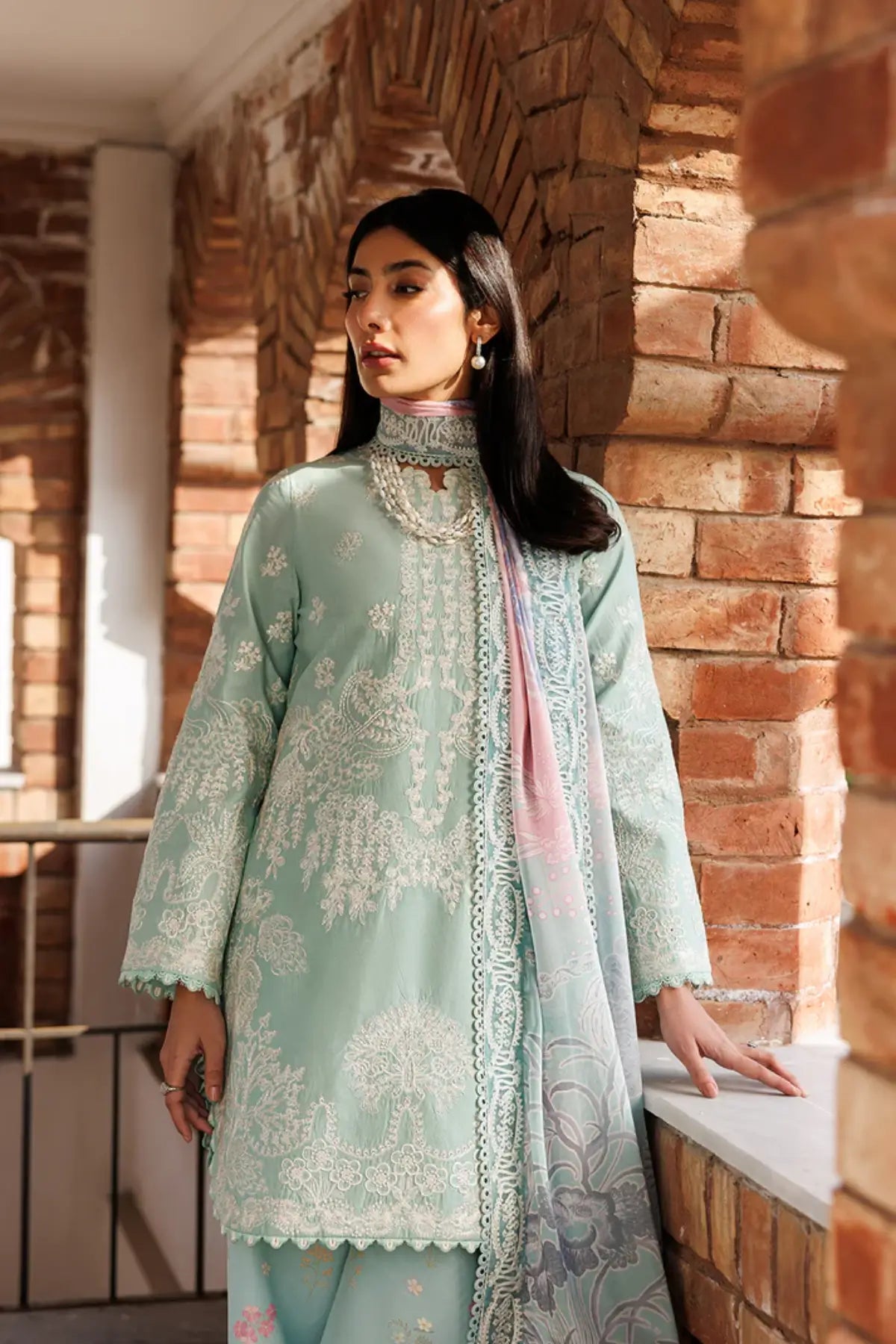 Isolde Emaan Adeel aqua embroidered lawn stitched 3PC suit with digital printed silk dupatta
