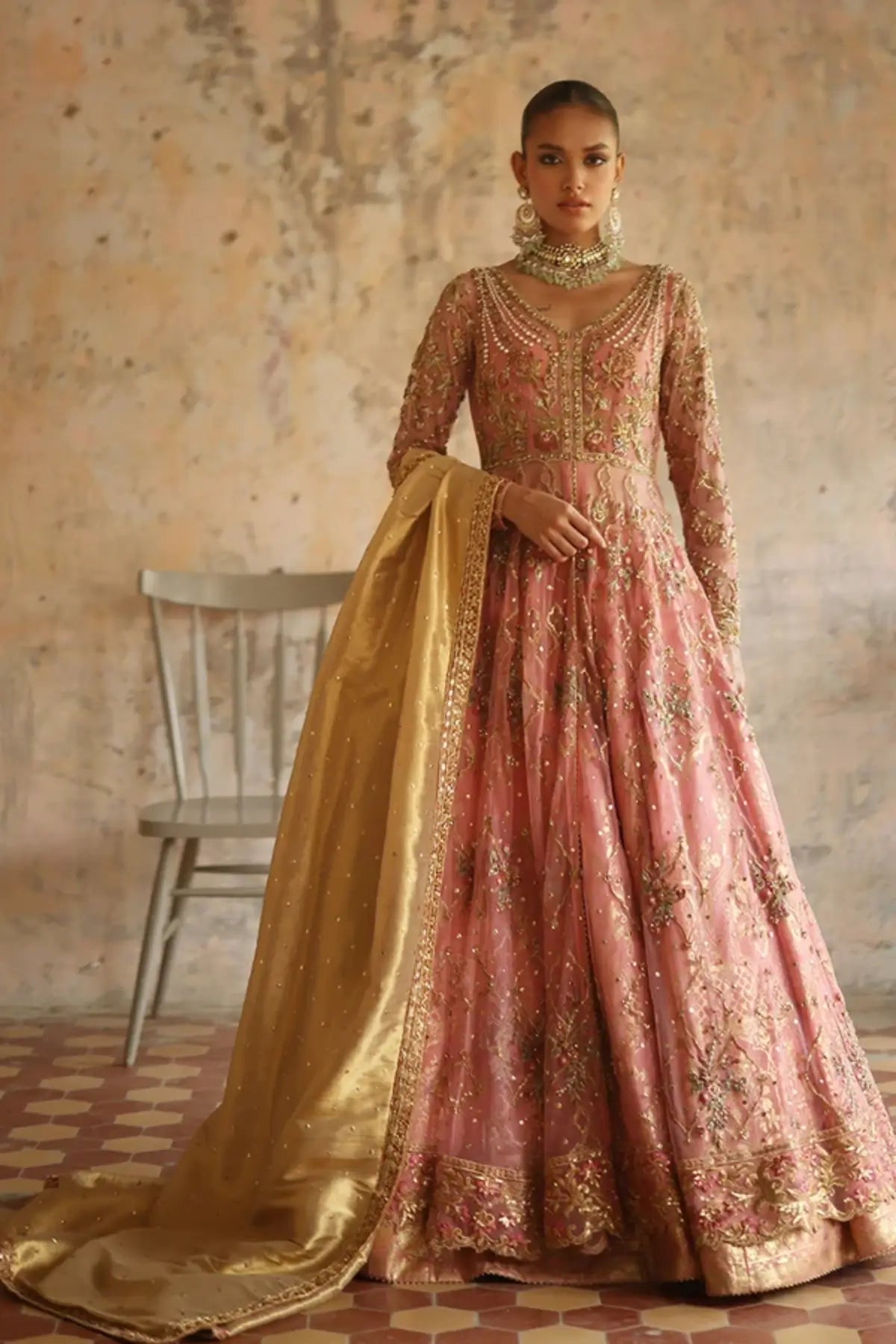 Isra Peach Embroidered Organza Net Pishwas with Gold Organza Lehenga and Lame Dupatta