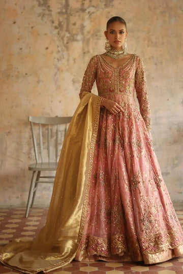 Isra Peach Embroidered Organza Net Pishwas with Gold Organza Lehenga and Lame Dupatta