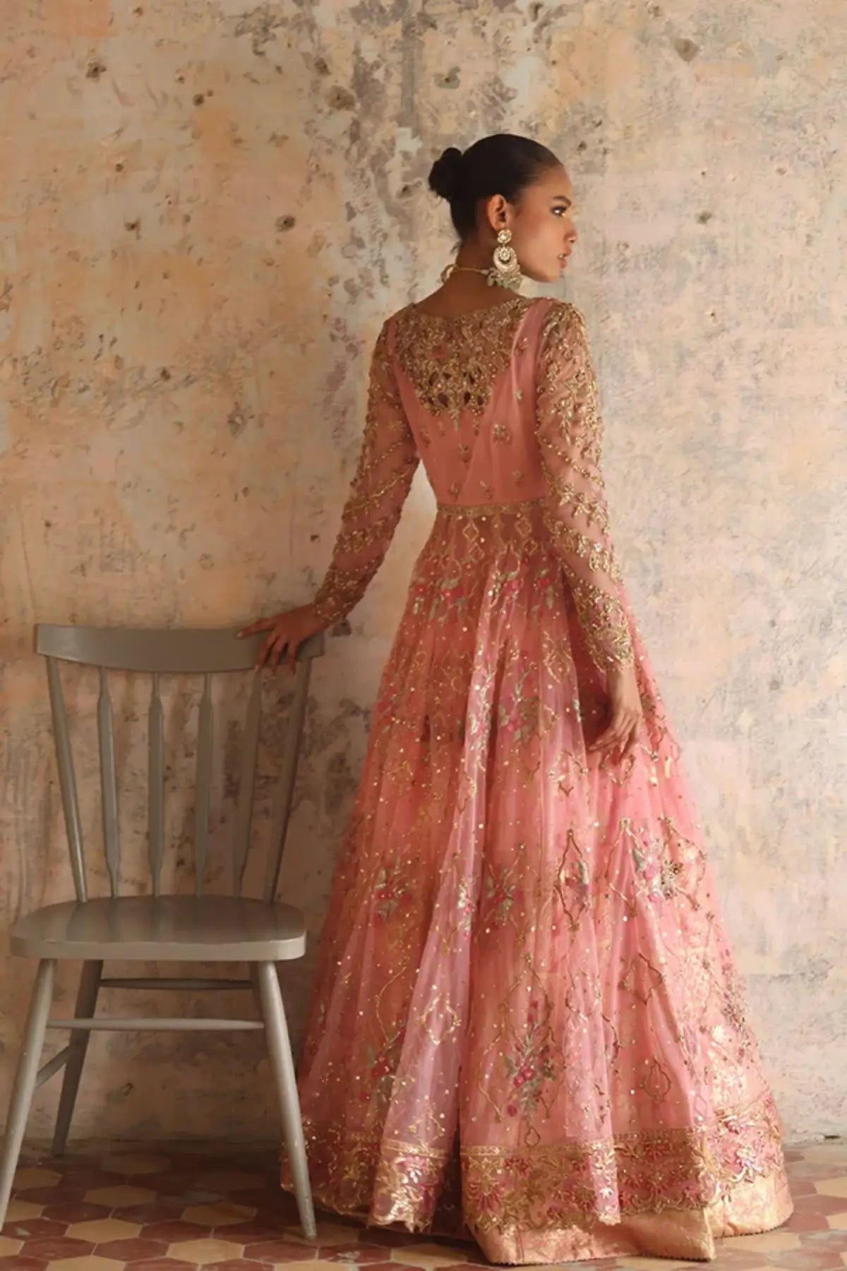 Isra Peach Embroidered Organza Net Pishwas with Gold Organza Lehenga and Lame Dupatta