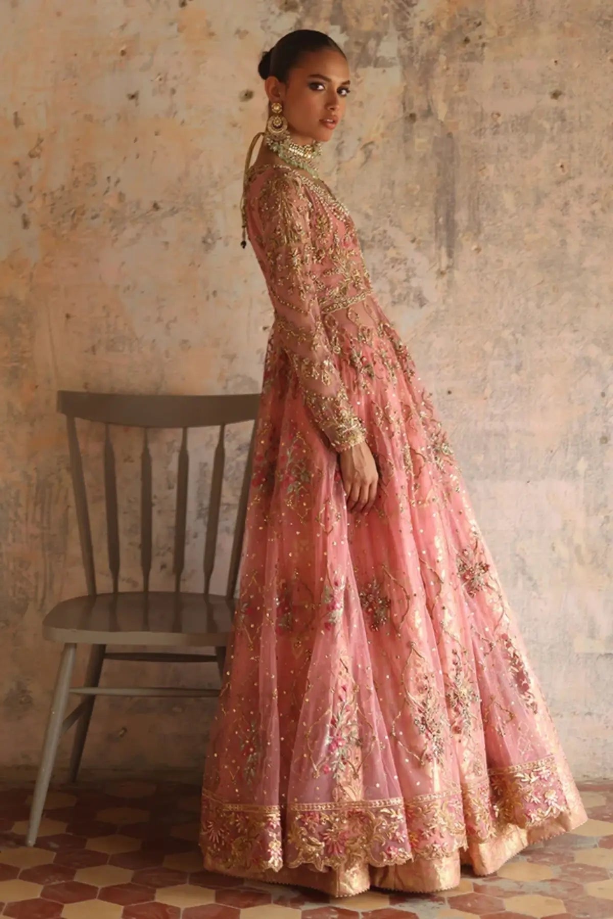 Isra Peach Embroidered Organza Net Pishwas with Gold Organza Lehenga and Lame Dupatta