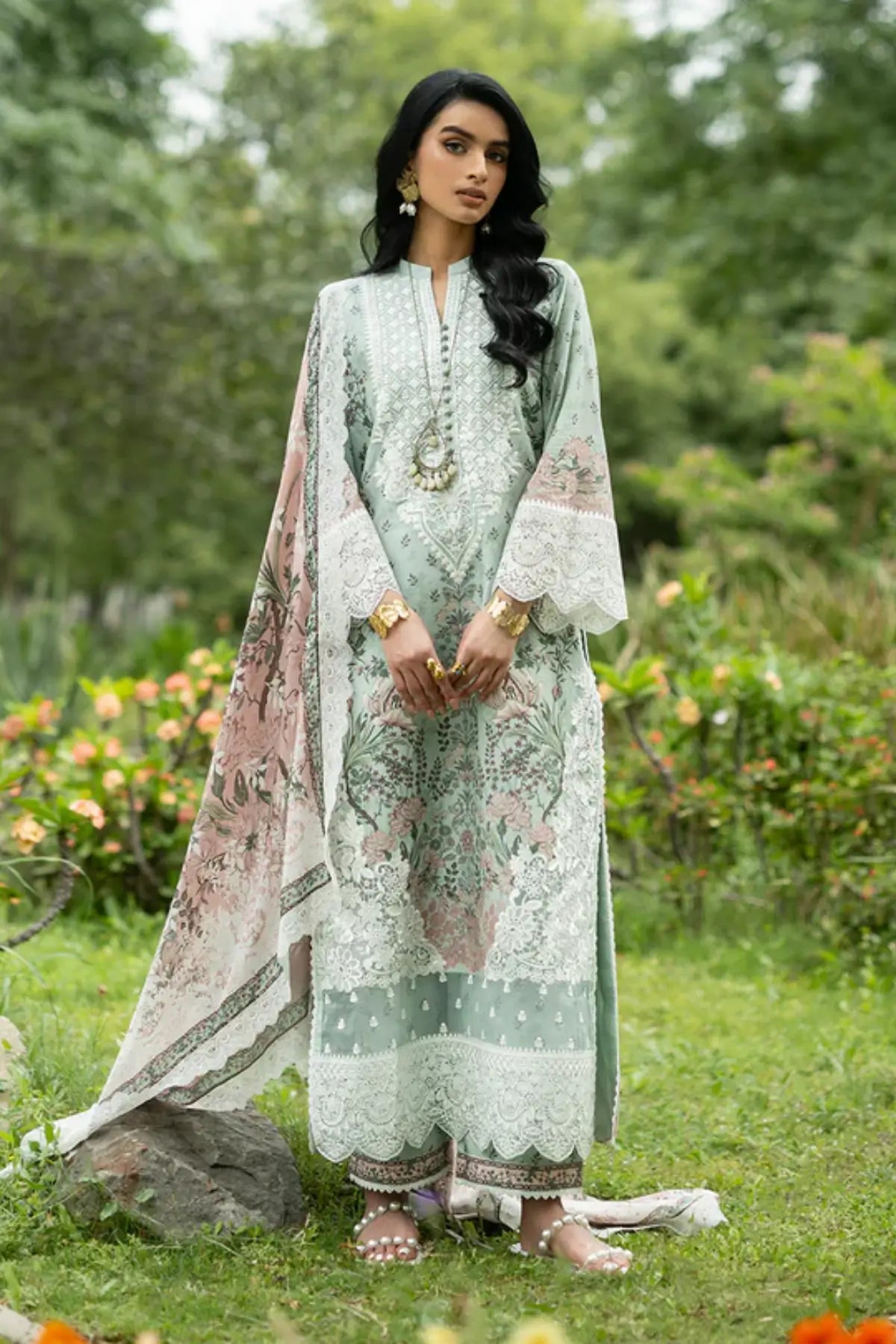 Ivie 13 mint stitched lawn 3PC suit with silk dupatta by Zainab Chottani Pakistanimoda