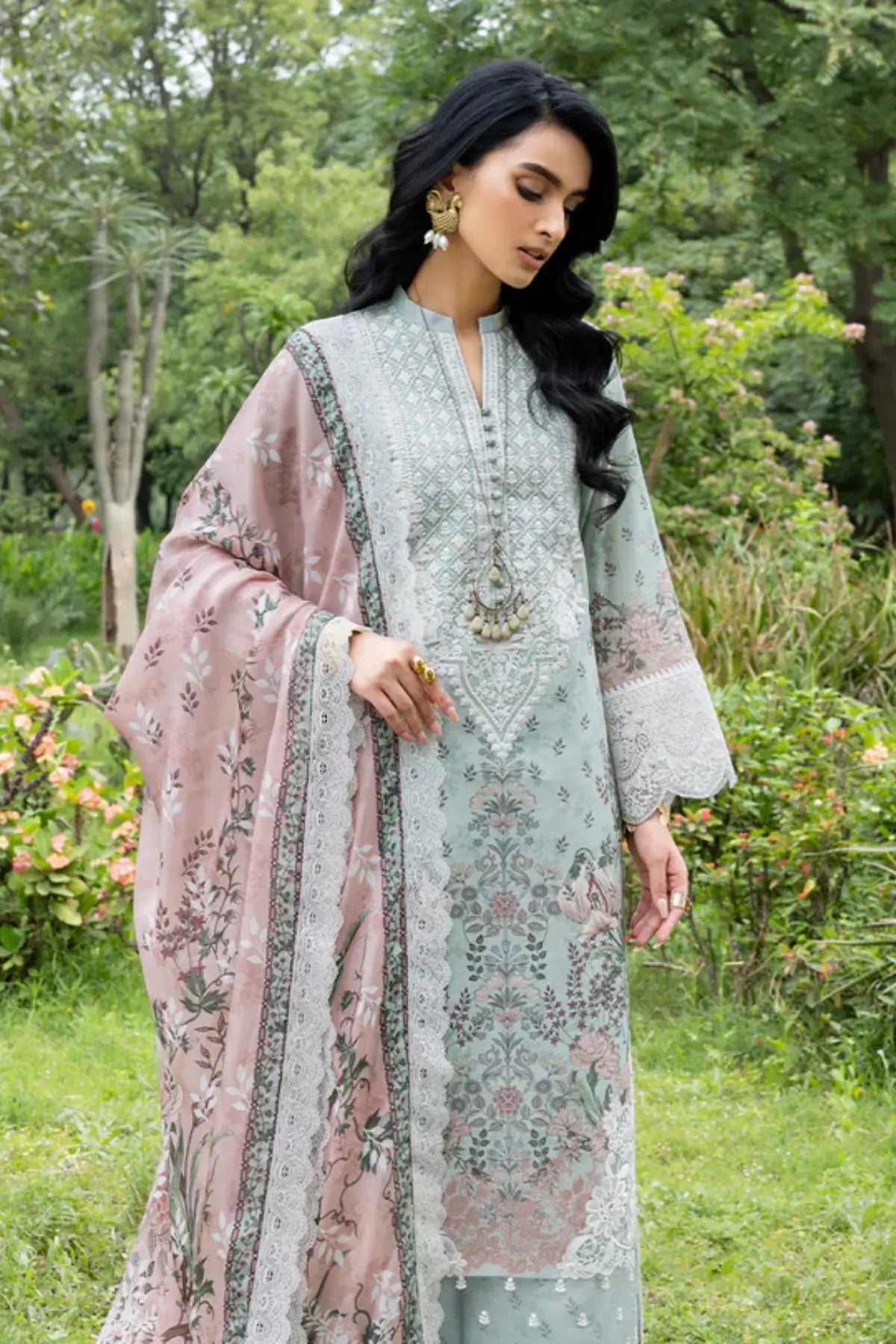 Ivie 13 mint stitched lawn 3PC suit with silk dupatta by Zainab Chottani Pakistanimoda
