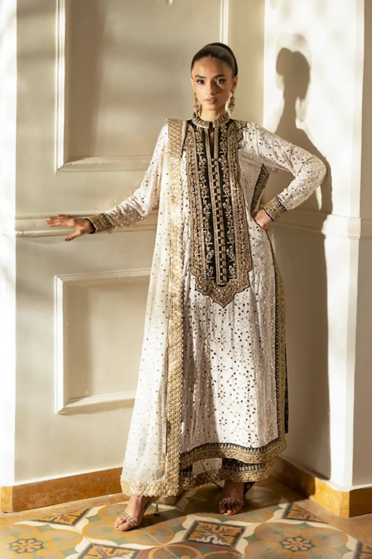 Ivoria off white Mukesh chiffon stitched wedding formal kaftan with Zardozi embroidery, Jamawar pants and pure chiffon dupatta